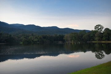 Natural landscape of water reservoir and mountain forest