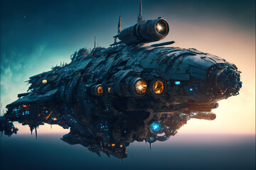 Obraz na płótnie Canvas Artistic illustration of war-battle-spaceship in futuristic landscape, digital art style, spectacular background painting. Cover Design created with Generative AI
