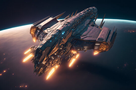 Artistic illustration of war-battle-spaceship in futuristic landscape, digital art style, spectacular background painting. Cover Design created with Generative AI