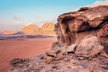 Red sandstone rocks formations in Wadi Rum also known as Valley of the Moon desert, Jordan