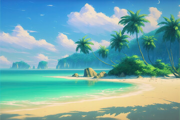 Fototapeta a beautiful tropical beach with no person, manga illustration, generative ai technology obraz