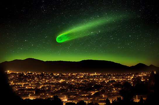 Green Comet in January over the city. Generating Ai.