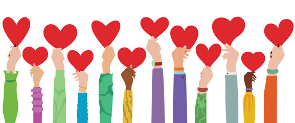 Arms raised of men and women with heart in hand. Charity donation and Multicultural and multi-ethnic community.