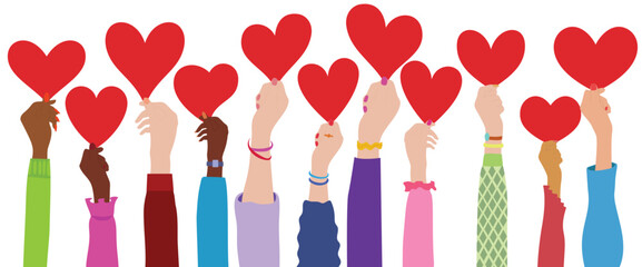 Charity donation and Arms and hands hold heart in hand. Diverse people with heart. Multicultural and multiethnic crowd.
