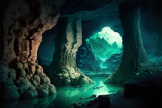 Underground crystal stalactite cavern system with lake and glowing blue lights in caves landscape