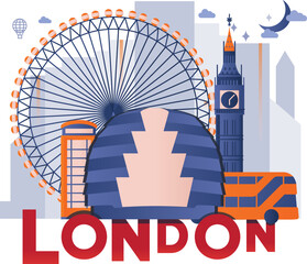 Typography word London city branding technology concept. Collection flat vector web icons. England culture travel set, architectures, specialties detailed silhouette. Doodle cityscape famous landmarks