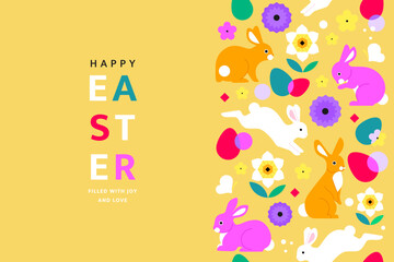 Happy Easter banner concept. Vector cartoon illustration in a trendy flat style with a seamless abstract vertical pattern with bunnies, flowers, and Easter eggs. Isolated on a light yellow background