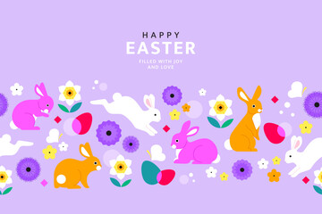 Happy Easter banner concept. Vector cartoon illustration in a trendy flat style with seamless abstract pattern with bunnies, flowers, and Easter eggs. Isolated on a light lilac background