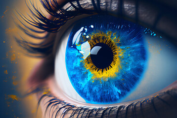 Female eye blue yellow. Generative AI,