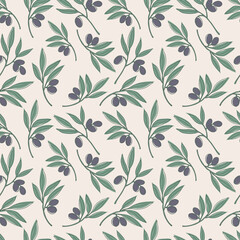 Seamless repeating pattern with olive branches, floral motif. Cute ornament with olives.Pattern for textile, wrapping paper and packaging design.
Vector