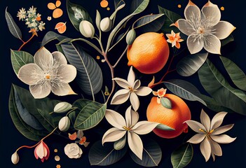 Floral citrus blossom tree branches, Generative AI - obrazy, fototapety, plakaty