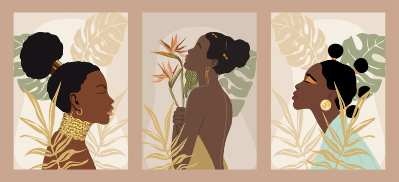 Set Of Abstract Contemporary Posters, Wall Art Design With Beautiful Black Women On Neutral Earthy Colors Background With Tropical Leaves. Gorgeous African Ladies With Exotic Hairstyles Vector Art