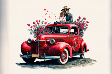 valentine lover on car stock illustration with hearts. Generative AI