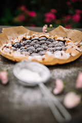 Homemade pie with blueberries and sprinkled with powdered sugar on a dark background