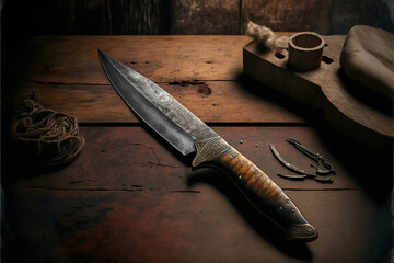 Antique hunting knife with rusty blade on rustic wooden table - obrazy, fototapety, plakaty