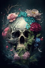 Human skull and flowers on a black background. AI
