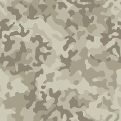 Camouflage pattern background seamless vector illustration. Classic clothing style masking camo repeat print. Beige, brown, ocher colors forest texture. 