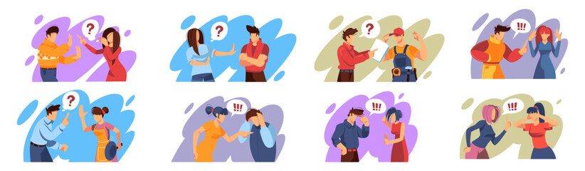 Awkward people. Woman and man disputing. Argument concept. Characters communication. Persons relationship. Conversation conflict. Furious discussions set. Vector isolated illustrations