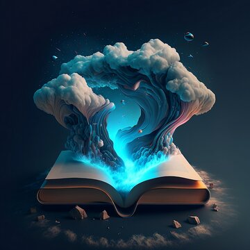 magic book with magic light, open book in clouds, desktop background, illustration
