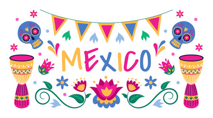 Mexico flower elements, party cover. Floral background with cactus and skull, traditional music, tropical holiday celebration, colorful artistic postcard. Vector cartoon design tidy decor set