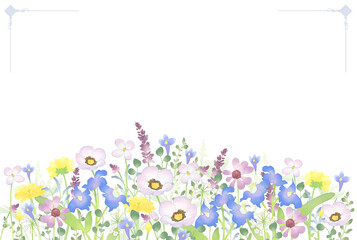 水彩調パステルカラーの花のフレーム（青）