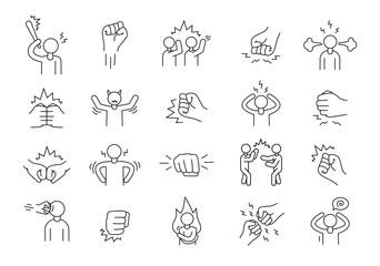 Fototapeta na wymiar Angry people fight. Fist punch. Thin line symbols. Frustrated persons. Crazy stress icons. Aggressive or anger man yell. Strength impact. Control of emotions. Vector recent pictograms set