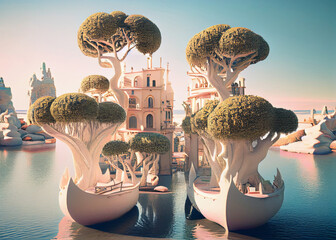 Fantastic Venetian fortress with tree boat. Awesome Natural scenery. AI Generated