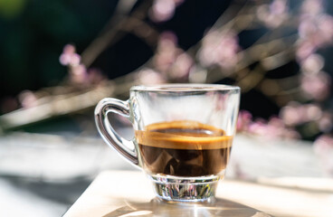 Espresso shot coffee in clear small cup with blur pink flower in background in the morning time