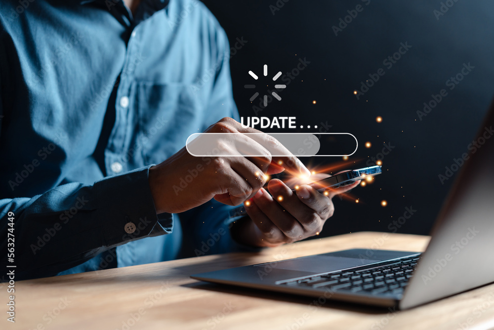 Aufkleber Update software system in computer. Man using smartphone upgrade program, Business technology internet loading virtual bar with installing the update for the quality better.
