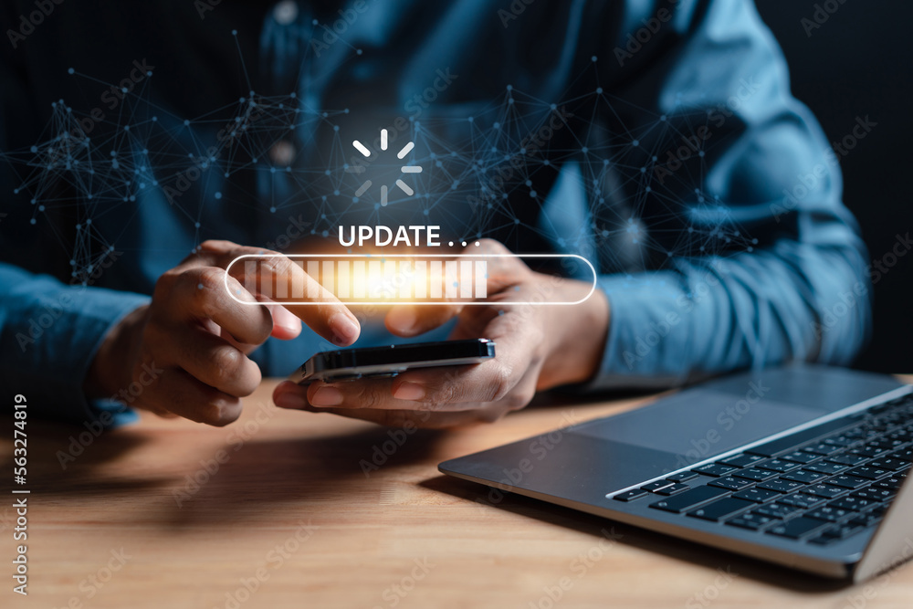 Aufkleber Update software system in computer. Man using smartphone upgrade program, Business technology internet loading virtual bar with installing the update for the quality better.