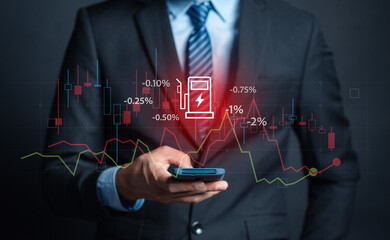 Oil energy graph world market, impact on the economy. Business checking oil price by smartphone....