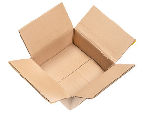 Open сardboard boxes for gifts or package isolated on white background. Corrugated cardboard paper carton cargo container close up. parcels