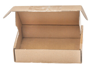Open сardboard boxes for gifts or package isolated on white background. Corrugated cardboard paper carton cargo container close up. parcels