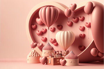 Valentines day background with product display with heart shape balloon. Generative AI