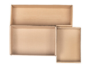 Open сardboard boxes for gifts or package isolated on white background. Corrugated cardboard paper carton cargo container close up. parcels