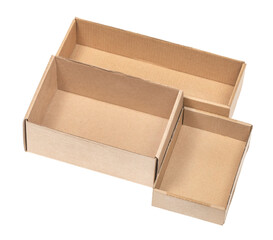 Open сardboard boxes for gifts or package isolated on white background. Corrugated cardboard paper carton cargo container close up. parcels