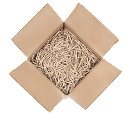 Open сardboard boxes for gifts or package with kraft paper shavings isolated on white background....