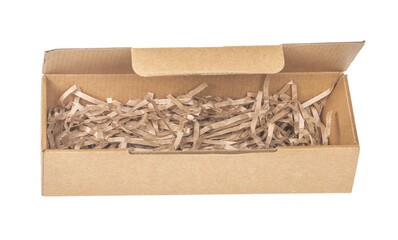 Open сardboard boxes for gifts or package with kraft paper shavings isolated on white background. Corrugated cardboard paper carton cargo container close up. parcels