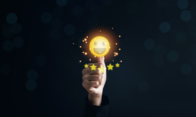 Customer satisfaction feedback review concept. Hand with thumb up Positive emotion happy smile face...