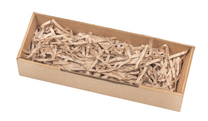 Open сardboard boxes for gifts or package with kraft paper shavings isolated on white background. Corrugated cardboard paper carton cargo container close up. parcels