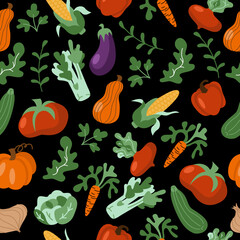 Vector vegetables seamless pattern in cartoon flat style. Collection farm locally grown product for restaurant menu, market label. Tomatoes, carrot, pepper, pumpkin, corn isolated on background