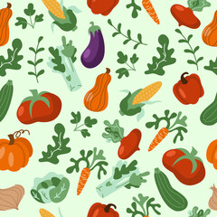 Vector vegetables seamless pattern in cartoon flat style. Collection farm locally grown product for restaurant menu, market label. Tomatoes, carrot, pepper, pumpkin, corn isolated on background
