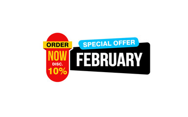 10 Percent FEBRUARY discount offer, clearance, promotion banner layout with sticker style. 