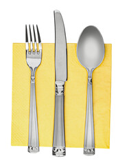 Three kitchen utensils. Fork, knife and spoon