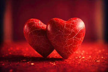 Red cracked hearts  on a plain red background, Valentine's Day, Valentine's Day background, Generative AI