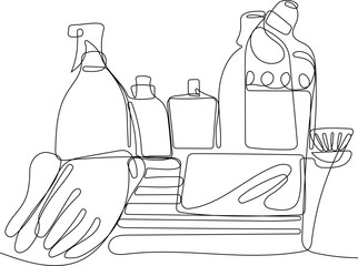 Continuous one line drawing of bottles for liquid laundry detergent, bleach, fabric softener, dishwashing liquid or another cleaning agent. Easy to place your text and brand logo. Vector illustration