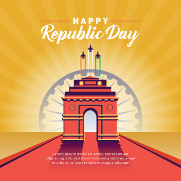 Celebrating Happy 74th Republic Day of India, concept, template, banner, logo design, icon, poster, unit, label, web header, symbol, mnemonic with yellow rays celebration background. 26th January 