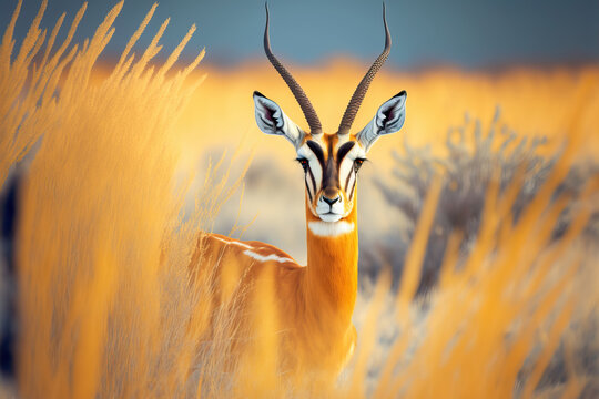 The springbok (medium-sized antelope) in tall yellow grass.  Wild african animals. Post-processed digital AI art
