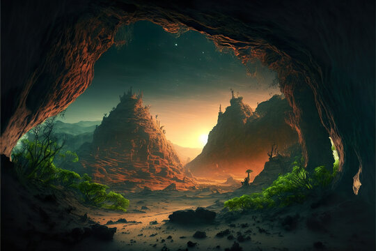 Hollow earth adventure landscape with mountains and underground valleys in ai generated image