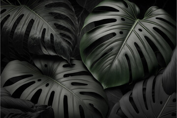 Black monstera leaves background wallpaper made with Generative AI technology
